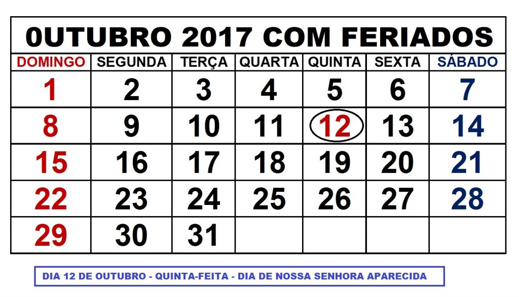 CALENDARIO OUTUBRO 2017 COM FERIADOS