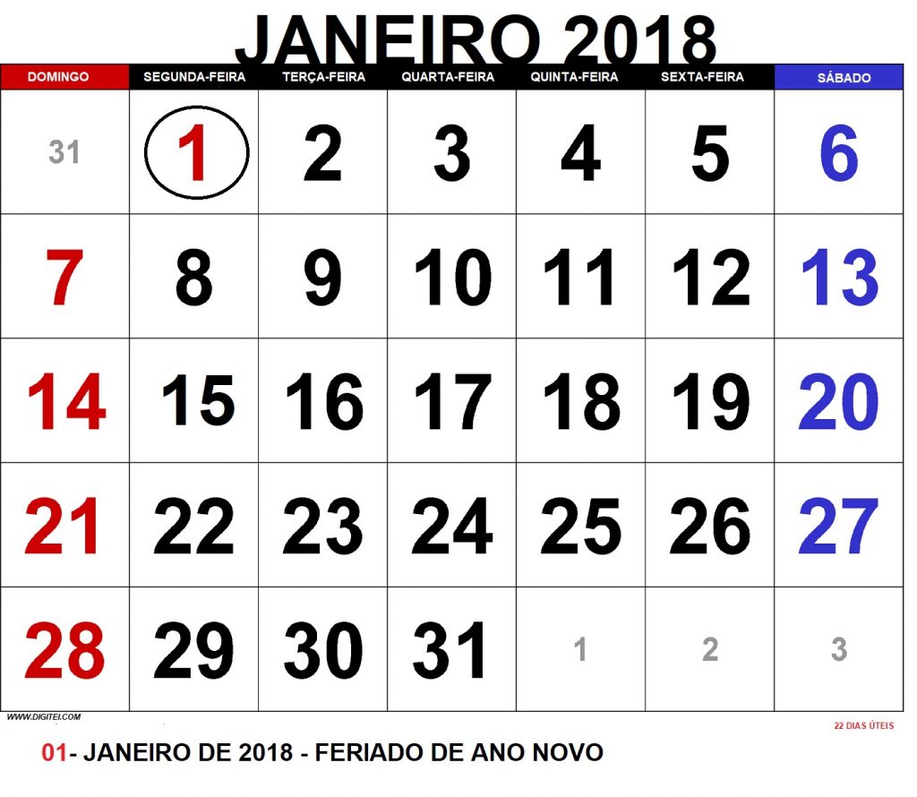 CALENDARIO JANEIRO 2018 COM FERIADOS PARA IMPRIMIR