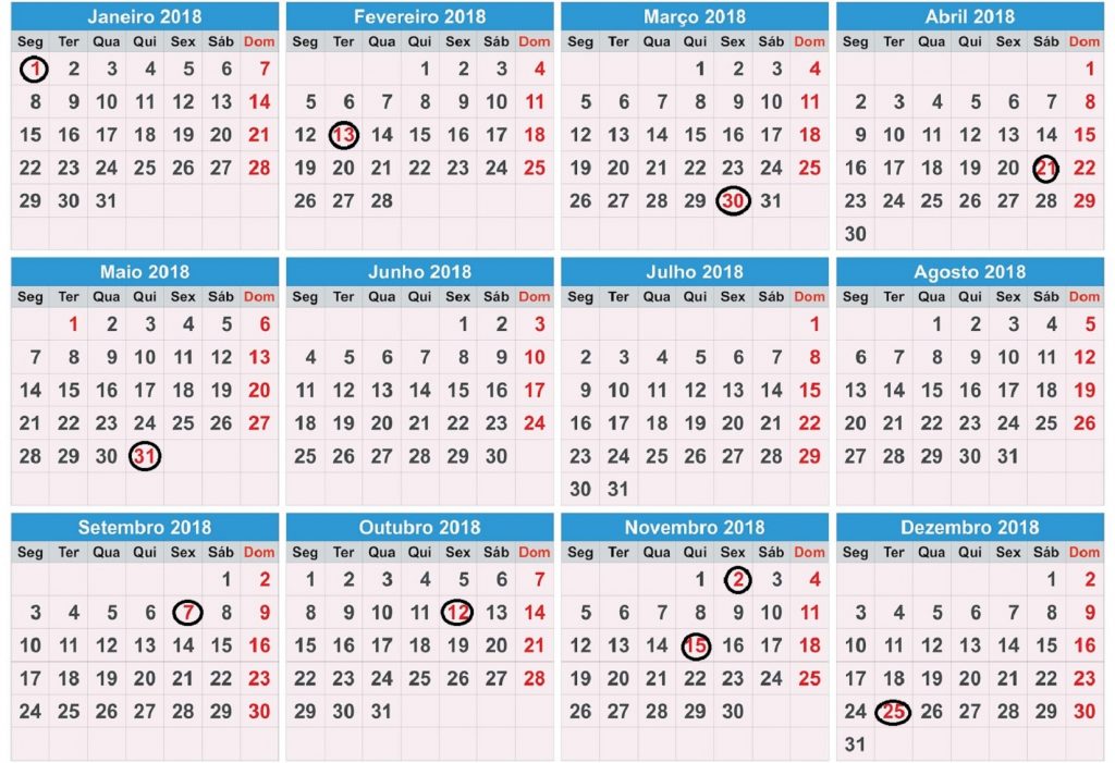 calendario 2018 com feriados para imprimir
