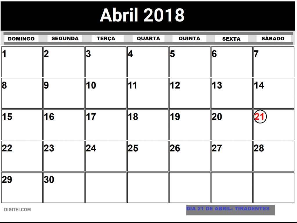 CALENDARIO ABRIL 2018 COM FERIADOS PARA IMPRIMIR