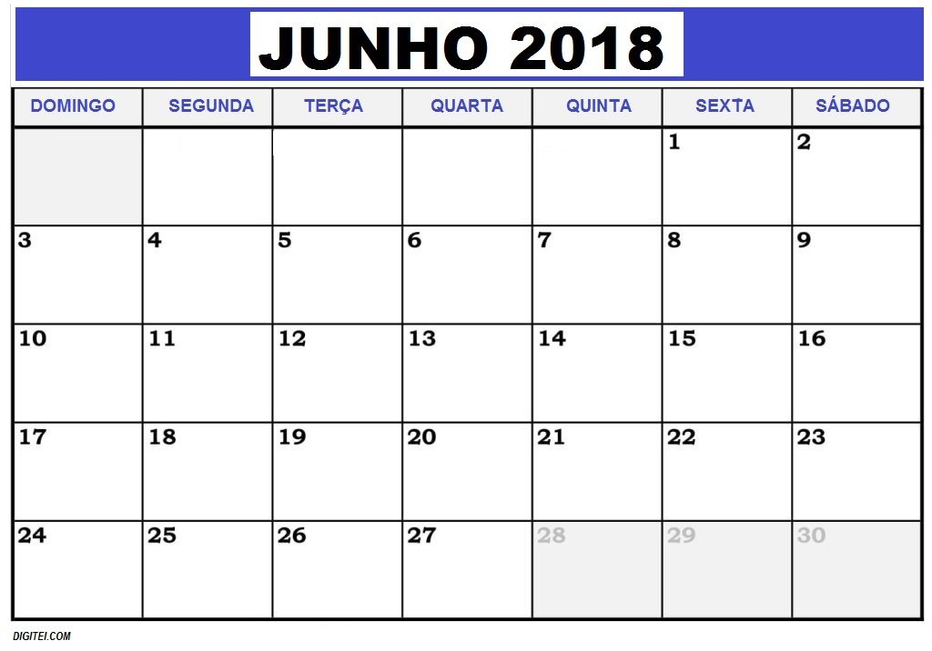 CALENDARIO JUNHO 2018 FERIADOS