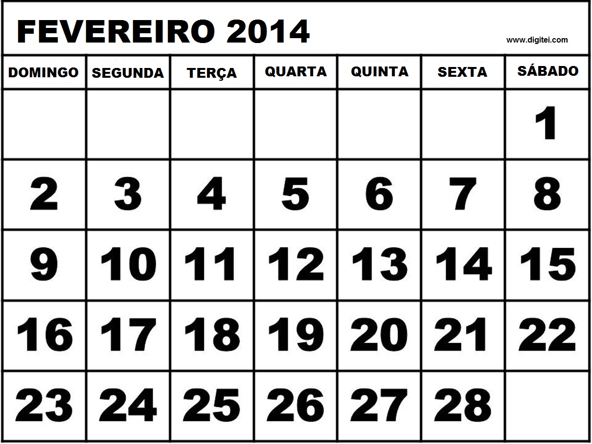 CALENDARIO FEVEREIRO 2014 FERAIDOS PARA IMPRIMIR