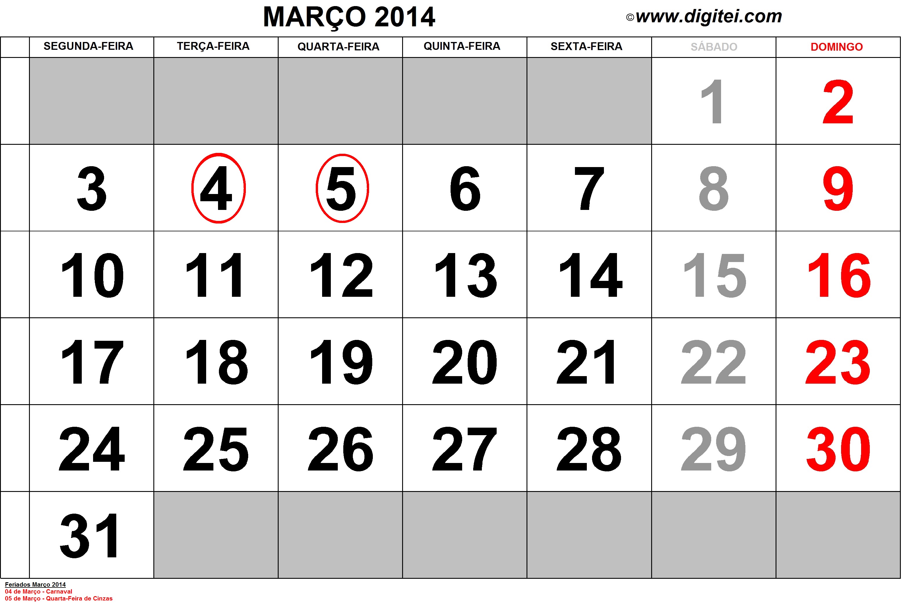 Calendário Março 2014 com feriados para imprimir