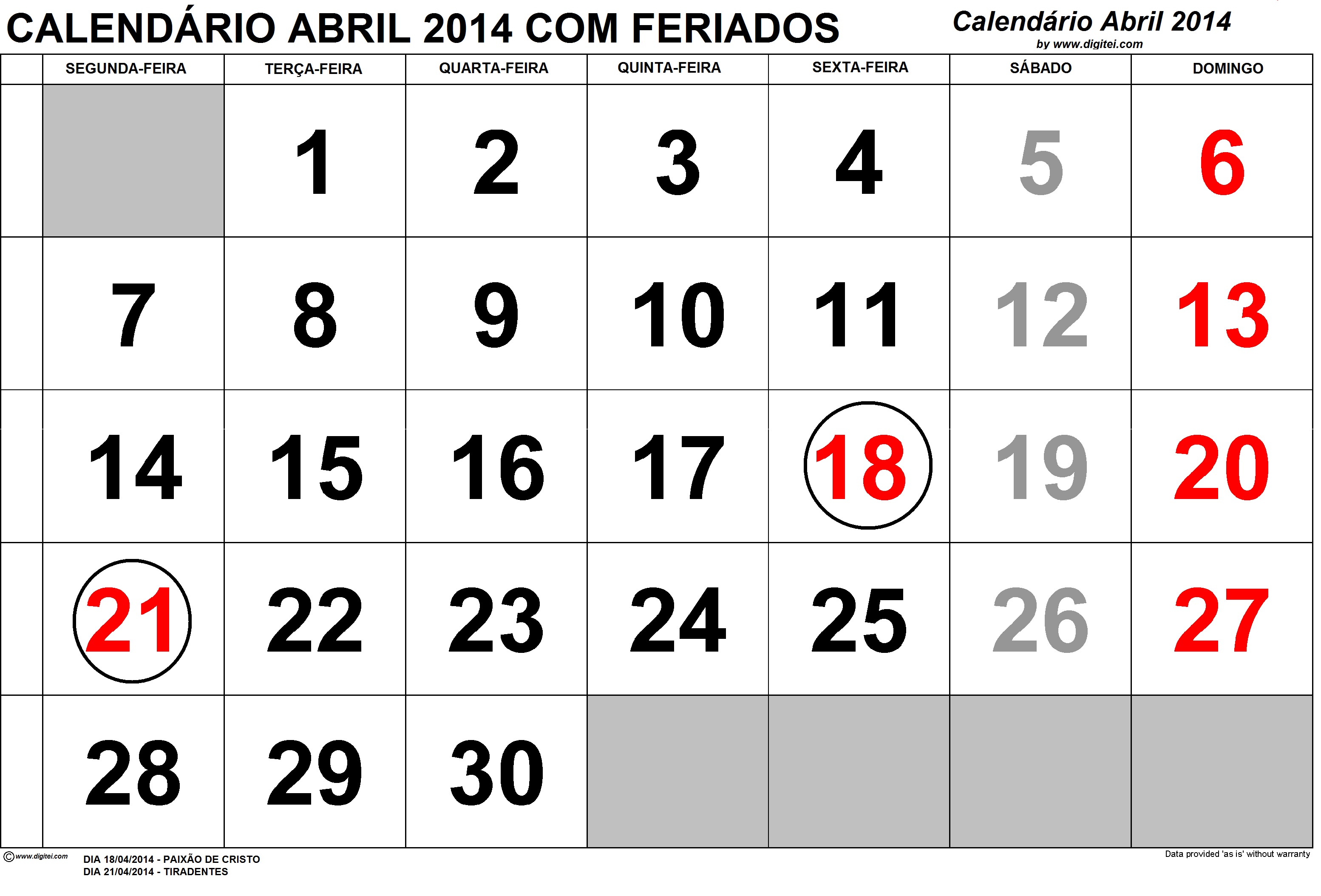 Calendario abril 2014 feriados para imprimir